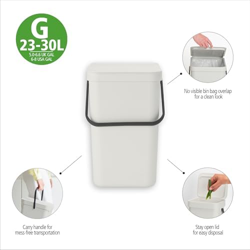 Brabantia Sort & Go Kitchen Recycling Bin | M / 6.6 Gal / 25L | Dark Gray | Removable Stay-Open Lid, Carry Handle | Trash Can for Bottles, Cans, Paper, Glass | Wall-Mounting Bracket Sold Separately