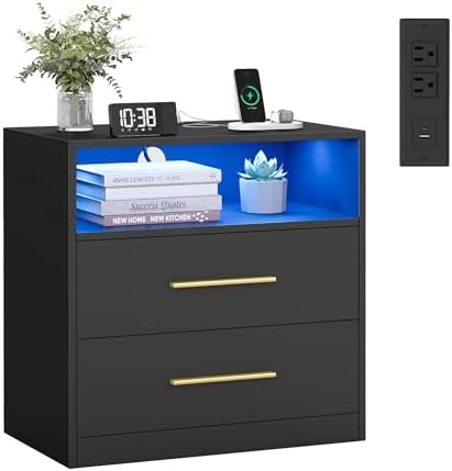 VASAGLE 23.6 Nightstands, LED Lights, Charging Station, 2 Drawers