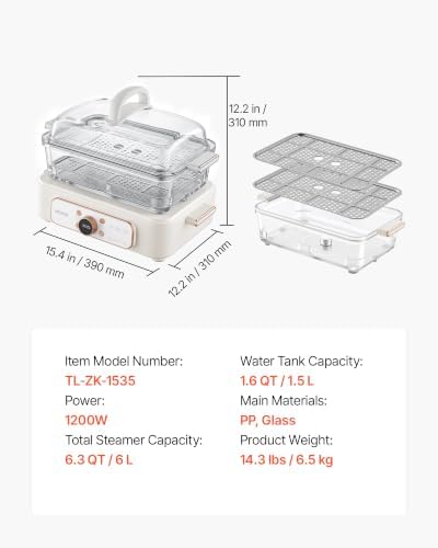 VEVOR Electric Food Steamer 6.3 QT Glass with 2-Tier Stainless Steel Trays, 1200W Vegetable Steamer for Cooking, 1-3 Servings, Pre-Programmed Settings, Delay Start, for Veggies, Seafood & Rice, White