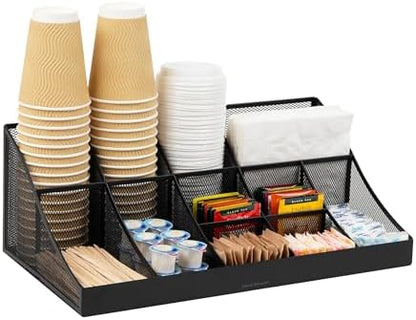 Mind Reader Countertop Organizer, 2 Tier Mesh Storage Caddy with 11 Compartments for Office Supplies, Breakroom Essentials, and Snacks