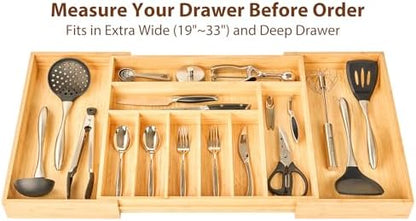 Umilife Extra Large Expandable Kitchen Siverware Utensils Drawer Organizer, 19" Deep for Big Drawer, Adjustable Bamboo Wood Drawer Divider with Curved Grooves, Cutlery Tray Flatware Holder