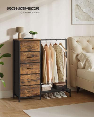 SONGMICS Dresser with Hanging Rod, 5 Fabric Drawers, Bottom Shelf
