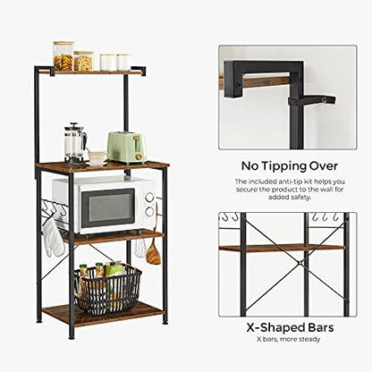 VASAGLE Kitchen Storage, Bakers Rack, Coffee Bar, 3-Tier Shelf, 6 S-Hooks, for Microwave, Spice Jars, Pots and Pans, Industrial, Rustic Brown and Black UKKS023B01
