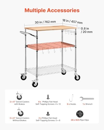 VEVOR Kitchen Utility Cart, 3-Tier Rolling Kitchen Cart with Wood Tabletop and Handle Bar, 661 lbs Capacity Heavy Duty Adjustable Wire Storage Rack, Steel Service Trolley on Wheels, 30 x 18 x 36 in