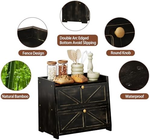 Trironsun Vintage Double Layer Bread Box for Kitchen Counter Bamboo Bread Storage Container Large Capacity Bread Storage Bin (Antique Black)