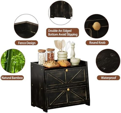 Trironsun Vintage Double Layer Bread Box for Kitchen Counter Bamboo Bread Storage Container Large Capacity Bread Storage Bin (Antique Black)
