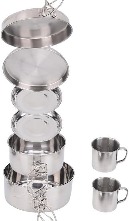 8PCS Stainless Steel Camping Cooking Set Cookware Mess Kit Cook Pots and Pan Set with Plates Cups, Lightweight Camping Cookware for Hiking Backpacking Outdoor Cooking and Picnic