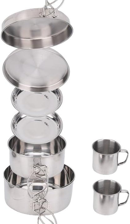 8PCS Stainless Steel Camping Cooking Set Cookware Mess Kit Cook Pots and Pan Set with Plates Cups, Lightweight Camping Cookware for Hiking Backpacking Outdoor Cooking and Picnic