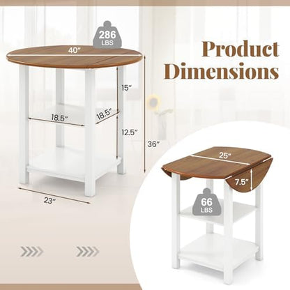 COSTWAY Folding Round Dining Table, Drop Leaf Table with 2 Shelves for Small Spaces, Foldable Office Table with 2-Layer Storage Rack, Versatile Console Table for Living Room, Dining Room, Kitchen
