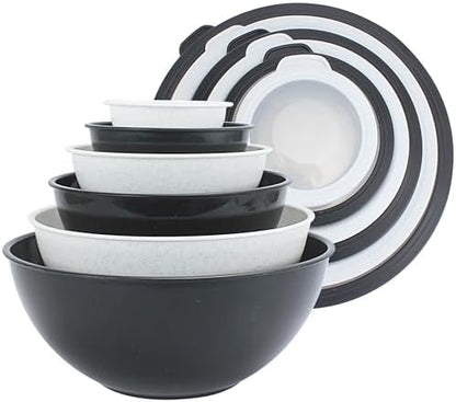 COOK WITH COLOR Mixing Bowls with TPR Lids - 12 Piece Plastic Nesting Bowls Set includes 6 Prep Bowls and 6 Lids, Microwave Safe Mixing Bowl Set (Black and White)