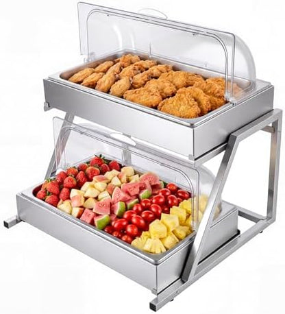 VEVOR Countertop Food Serving Display Container, 2 Tier Stainless Steel Food Salad Server Tray, Buffet Condiment Dispenser, Ice Cooled Rack with Clear Roll Top Cover, for Restaurant Hotel (1/1 Pan x2)