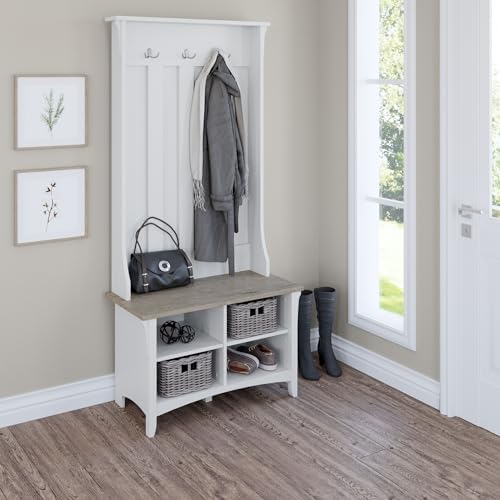 Bush Home Salinas Hall Tree with Shoe Storage Bench in Shiplap Gray and Pure White, Multi-Purpose Home Organizer, Entryway Solution with Seating and Hooks