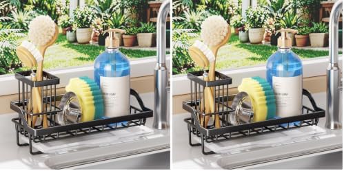 SWTYMIKI Sink Caddy Sponge Holder - Kitchen Sink Organizer with High Brush Holder for Countertop to Hold Dish Soaps and Sponges, Stainless Steel, Black (Pack of 2)