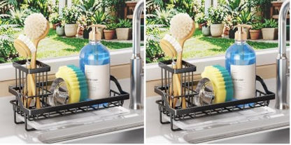 SWTYMIKI Sink Caddy Sponge Holder - Kitchen Sink Organizer with High Brush Holder for Countertop to Hold Dish Soaps and Sponges, Stainless Steel, Black (Pack of 2)