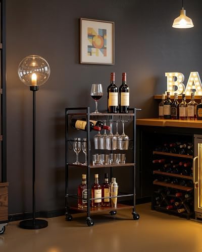 VEVOR Bar Cart with Wheels, Small Narrow 3-Tier Rolling Serving Cart, 20.08-Inch Beverage Station with Wine Rack, Glass Holder and S Hooks for Small Spaces, Rustic Brown and Black
