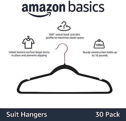Amazon Basics Slim Velvet Non-Slip Space Saving Sturdy Suit Clothes Hangers, Closet Organizer, Black/Rose Gold, 30-Pack