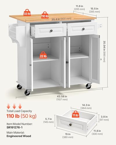 VEVOR Kitchen Island Cart with Storage, 43.58 in Wide Mobile Rolling Storage Island on Swivel Wheels, with 2 Drawers, Storage Cabinet, Drop Leaf, Spice/Towel Rack, Table for Home Dining Room, White