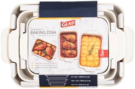 Glad Baking Dish Set, 3pc - Rectangular Stoneware Casserole Dishes for Oven and Microwave - Nesting Bakeware Set with Handles (12'', 10.5'', and 8.5''), Dishwasher Safe