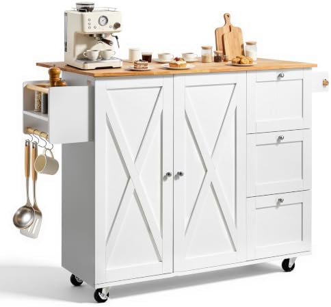 VEVOR Kitchen Island Cart, 45.3x39 inch Rolling Kitchen Table, Mobile Carts with Storage Cabinet and Solid Wood Top, Portable Islands with Wheels, Spice Rack, Towel Rack, Drop Leaf and Drawer, White