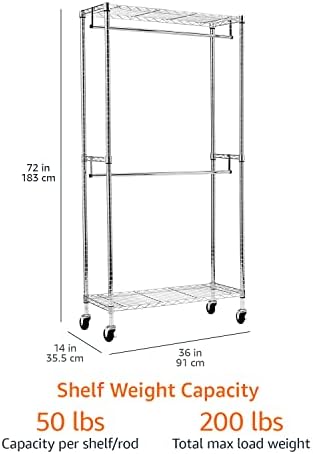 Amazon Basics Adjustable Clothes Rack for Handing, Double Hanging Rod Garment Rolling Closet Clothing Organizer, Chrome, 36'' x 14'' x 72''