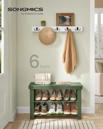 SONGMICS Shoe Rack Bench, 3-Tier Bamboo Entryway Bench, 27.6 Inches Width