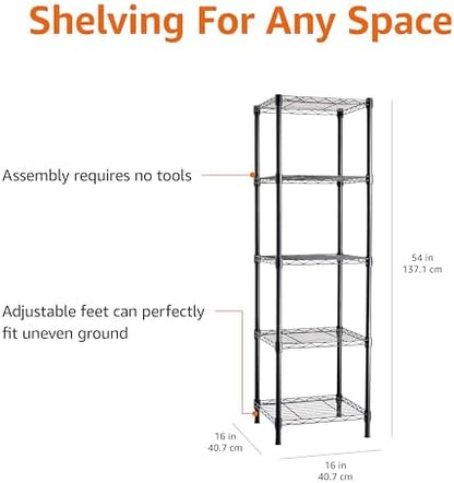 Amazon Basics 5-Shelf Tower Adjustable Storage Shelving Unit for Garage, Rust-Resistant Steel, 150 lbs Per Shelf, 16"W x 16"D x 54"H, Black