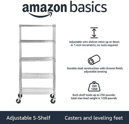 Amazon Basics 5-Shelf Adjustable, Heavy Duty Storage Shelving Unit on 4" Wheel Casters, Easy to Move Portable Wire Shelving, No Tools Needed for Easy Assembly, 30" x 14" x 64.8", Chrome