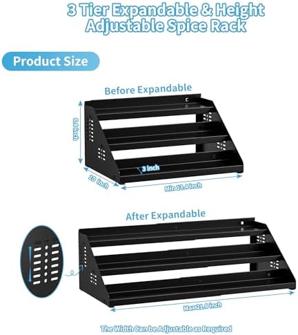 BOIVSHI 3 Tier Spice Rack for Cabinet, Adjustable Shelf, Black