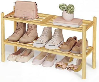 SONGMICS Bamboo Shoe Rack, 2-Tier Stackable Shoe Organizer, for 9-12 Pairs
