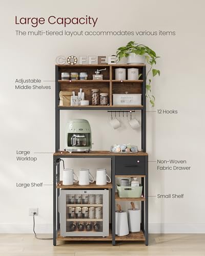 VASAGLE Bakers Rack with Charging Station, Coffee Bar, 12 Hooks