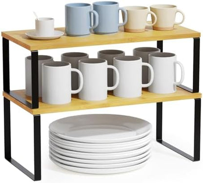 SpaceAid Cabinet Shelf Organizers 2 Pack, Kitchen Counter Rack Shelves Riser, Stackable Expandable Spice Rack, Pantry Cupboard Storage Organization (Black and Natural, Long)