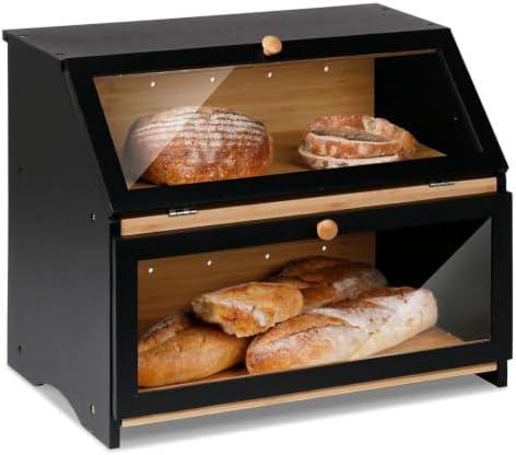 HOMEKOKO Double Layer Wooden Bread Box, Keep Bread Fresh Longer, Black