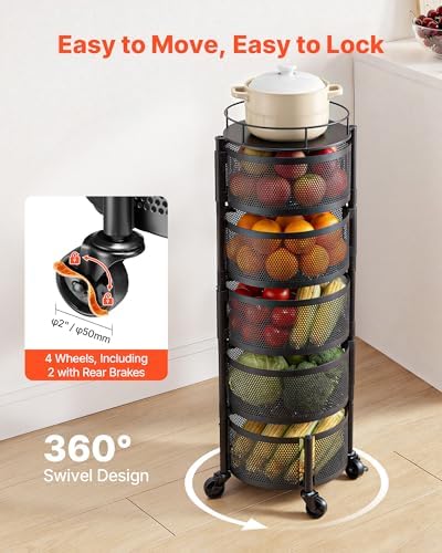 VEVOR Rotating Storage Rack Cart, 5 Tier Fruit and Vegetable Basket Bowls, Heavy Duty Wire Basket Organizer on Wheels, Large Capacity Stand with Metal Top Lid, for Kitchen Bathroom Nursery, Black