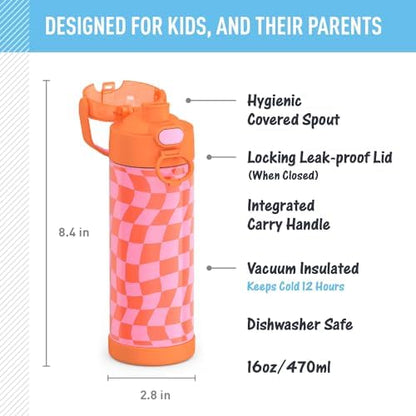 THERMOS FUNTAINER Water Bottle with Spout, 16oz, Wavy Checkers Orange