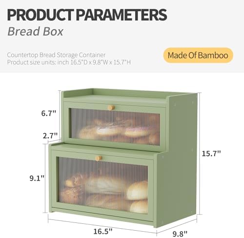 Double Layer Bamboo Bread Box for Kitchen Counter, Countertop Bread Storage Container, Bread Container Bread Storage with Window Bread Holder (Green)