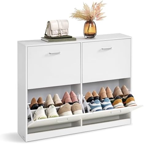 VASAGLE Shoe Cabinet with 4 Flip Doors, for 16-28 Pairs of Shoes