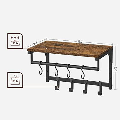 VASAGLE Laundry Room Shelf Wall Mounted, with 8 Removable Hooks