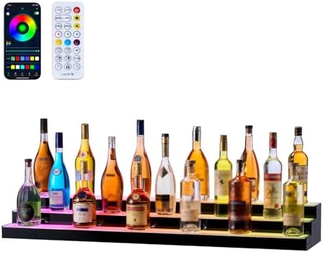VEVOR LED Lighted Liquor Bottle Display, 3 Tiers 48 inches, Acrylic Illuminated Home Bar Shelf Display with RF Remote & App Control, DIY Setup with Type-C Cables, 9 Static Colors, for 36-48 Bottles