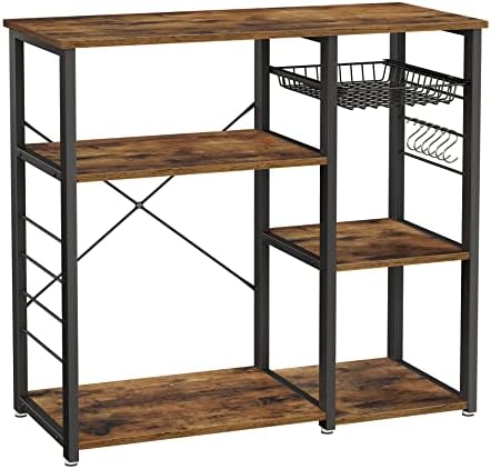 VASAGLE Kitchen Baker’s Rack, Steel Frame, Wire Basket, 6 Hooks