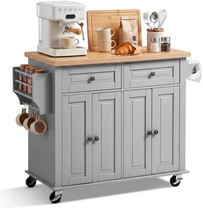 VEVOR Kitchen Island Cart with Storage, 43.7 in Wide Mobile Rolling Storage Island on Swivel Wheels, with 2 Drawers, Storage Cabinet, Spice/Towel Rack, Hooks, Table for Home Dining Room, Gray