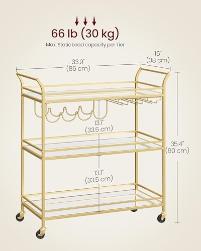 VASAGLE Bar Cart Gold, Large Home Bar Serving Cart with 3-Tier