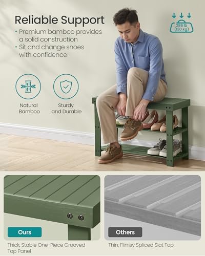 SONGMICS Shoe Rack Bench, 3-Tier Bamboo Entryway Bench, 27.6 Inches Width