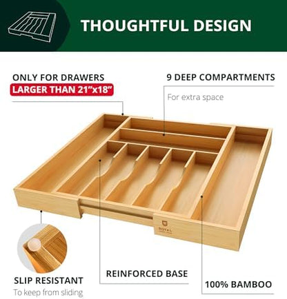 ROYAL CRAFT WOOD Luxury Bamboo Kitchen Drawer Organizer - Silverware Organizer, Utensil Holder & Cutlery Tray Drawer Dividers for Flatware (9 Slot, Natural)