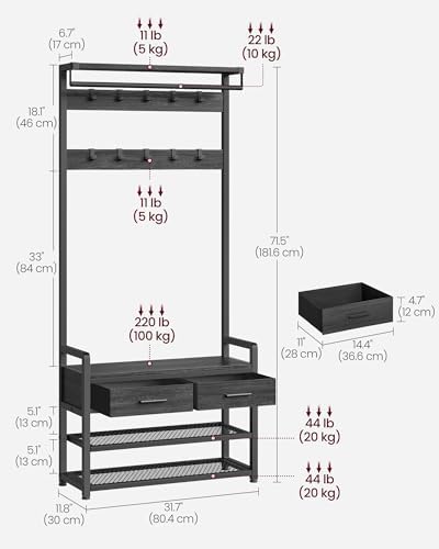 VASAGLE Hall Tree with Bench and Shoe Storage, 2 Fabric Drawers, 10 Hooks
