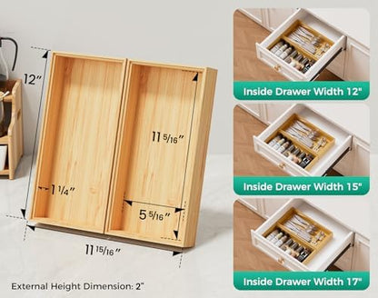 Bamboo Kitchen Drawer Organizer Boxes 12" x 6" Stackable Wooden Organizers