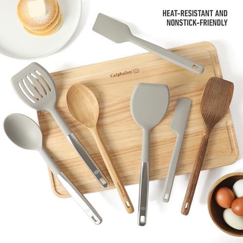 Calphalon Prime 7-Piece Silicone and Teak Wood Kitchen Tool Set, Stainless Steel Kitchen Utensil Set, Kitchen Spoon And Spatula Set, Heat Resistant Non-Slip Kitchen Gadgets Set - Taupe