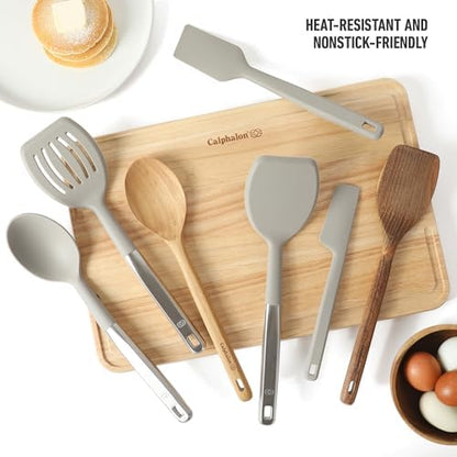 Calphalon Prime 7-Piece Silicone and Teak Wood Kitchen Tool Set, Stainless Steel Kitchen Utensil Set, Kitchen Spoon And Spatula Set, Heat Resistant Non-Slip Kitchen Gadgets Set - Taupe