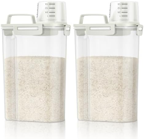 TBMax Rice Container Cereal Storage Container 2 Pack 5 Lbs, Kitchen Pantry Dry Food Storage Holder with Easy-Pouring Spout & Handy Cup, Small Pet Dog Cat Food Dispenser for Daily Feeding -Beige