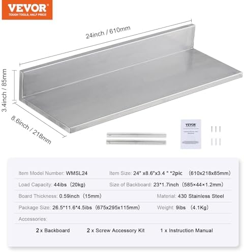 VEVOR 8.6" x 24" -2Pack Stainless Steel Shelf, Wall Mounted Floating Shelving with Backsplash, 44 lbs Load Capacity Commercial Shelves, Heavy Duty Storage Rack for Restaurant, Kitchen, Bar, Home