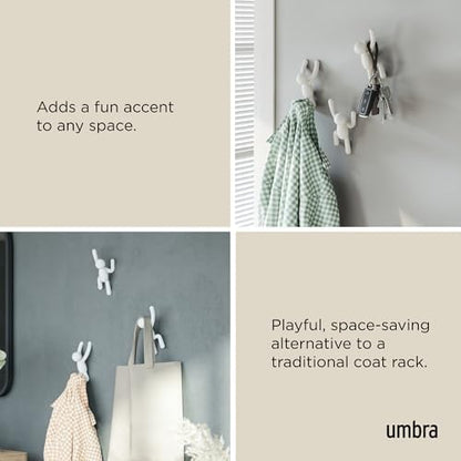 Umbra Buddy Wall Hooks, Decorative Wall Mount Coat Hooks, Set of 3, White